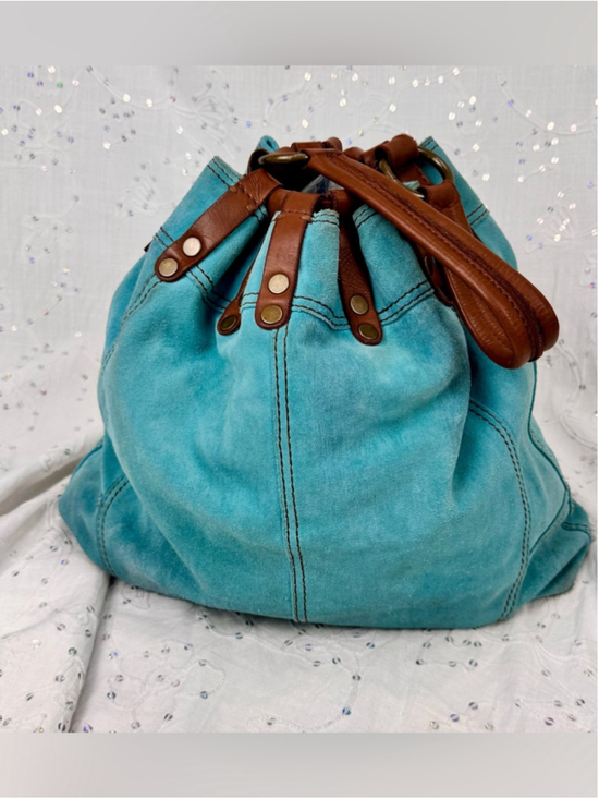 Lucky Brand Handbags - Lucky Brand Y2K Teal Suede Leather Drawstring Hobo Bag Boho Bucket Purse